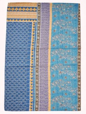 Kantha Throw Quilt Reversible Blue Orange Boho Cotton 50 x 84 NWOT